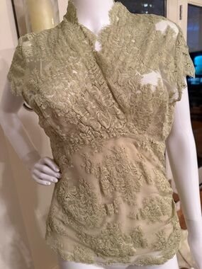 Nicole Miller Delicate Olive Green Lace Top with side zip and camisole.